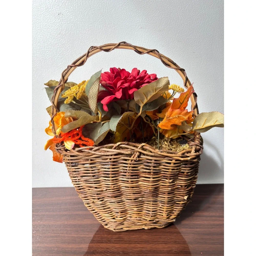Autumn Silk Flower Arrangement in Woven Wicker Basket Fall Wall‎ Hanging